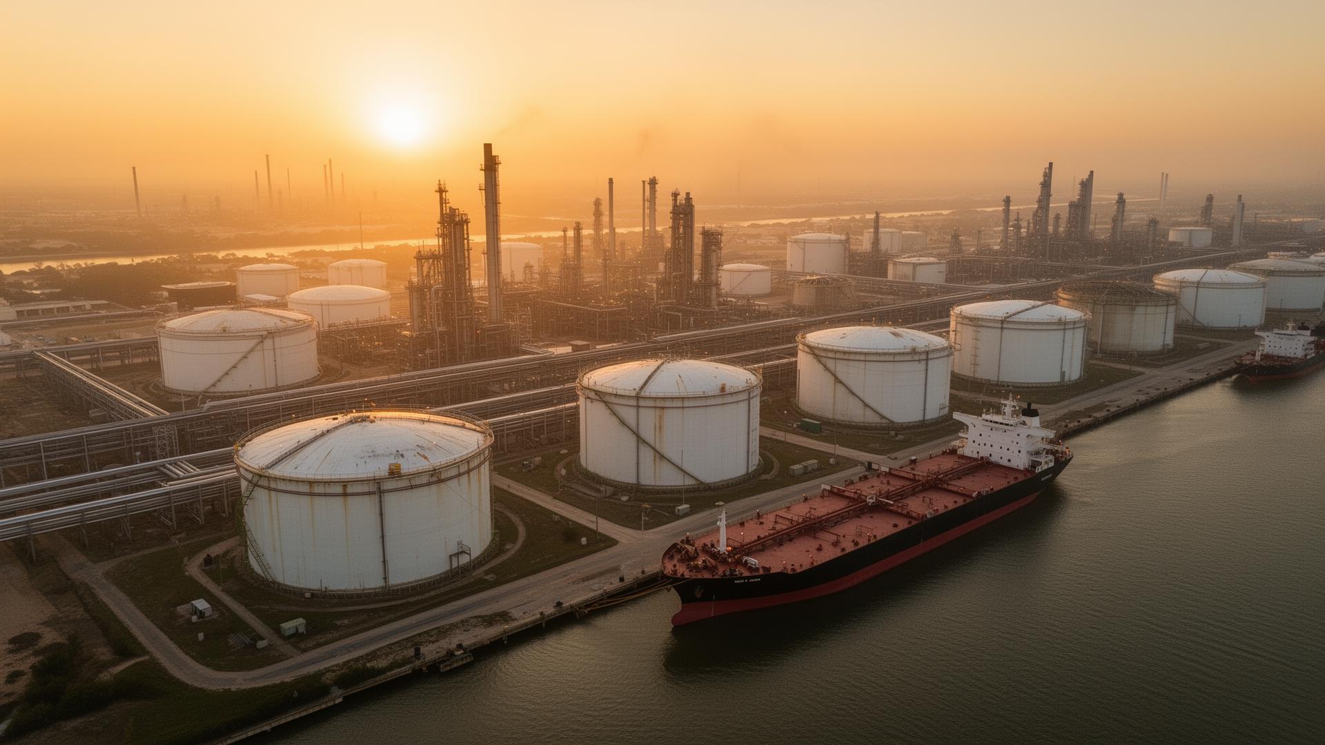 Houston Ship Channel refinery at sunrise